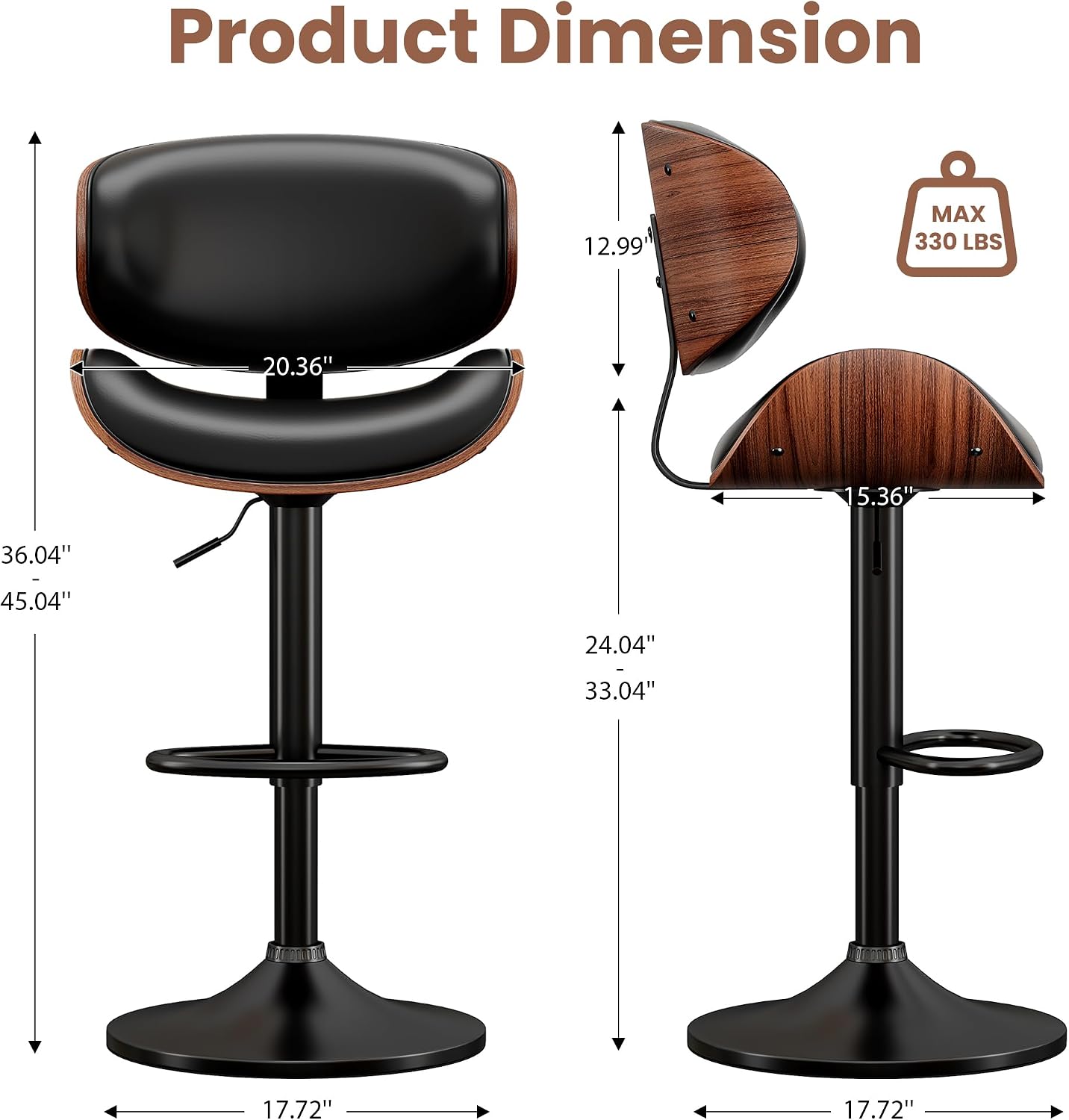 YaFiti Swivel Bar Stools Set of 2, Bar Stools for Kitchen Counter, Black | Comfortable Faux Leather Seating with Ergonomic Support and a Sturdy Footrest for Modern Kitchen Islands and Home Bars