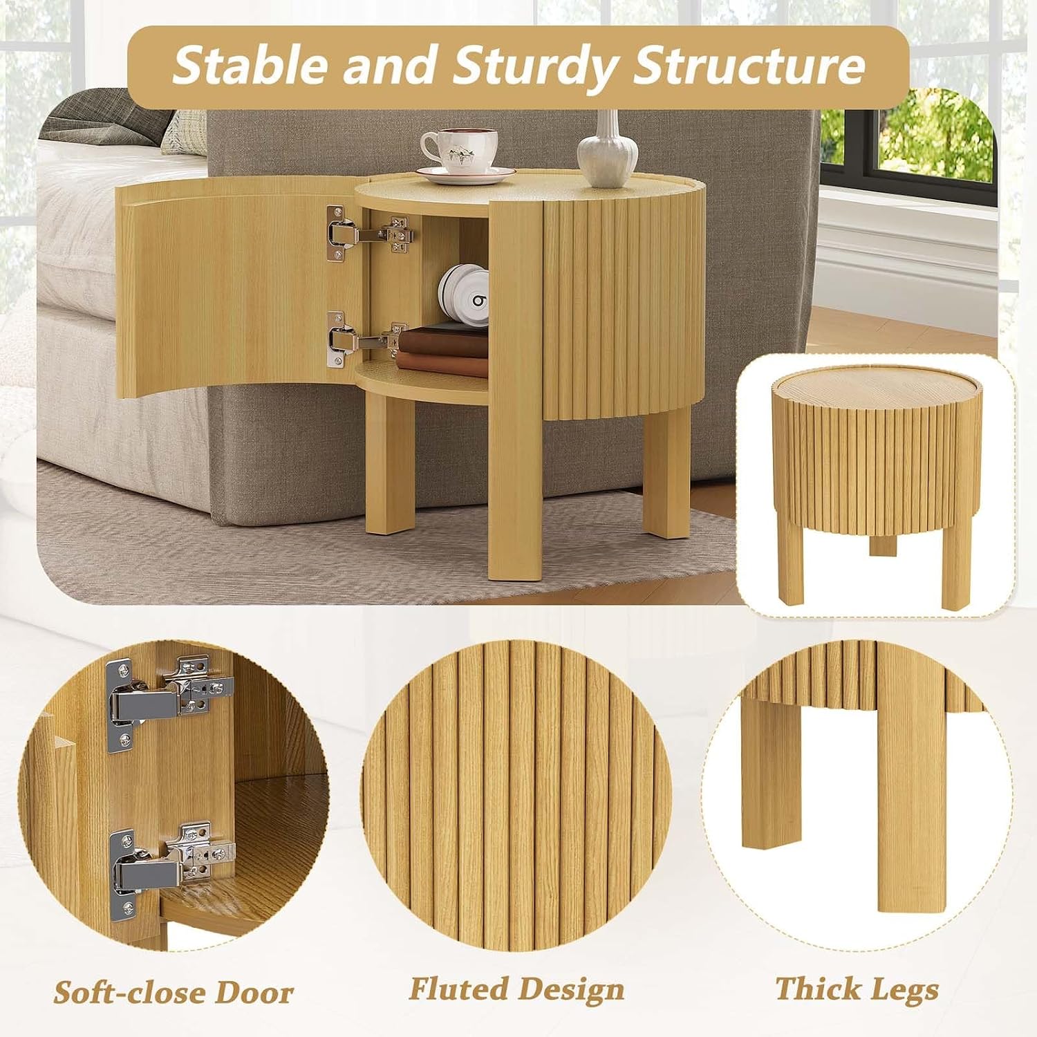 Natural Wood Round Fluted Side Table, Boho end Tables Living Room, Decorative Accent Table for entryway