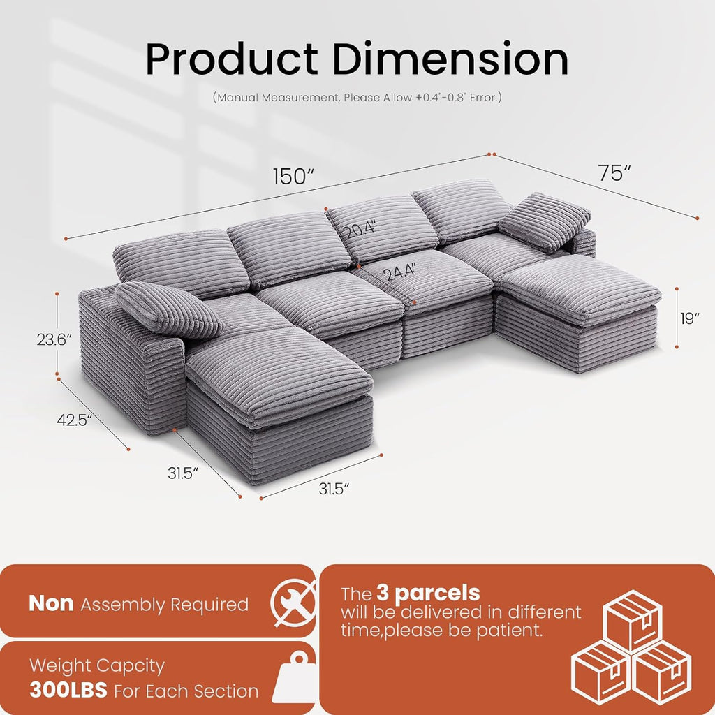 KKL 150" Modular Sectional Sofa, Cloud Sectional Couch U-Shaped with Ottoman, Corduroy Boneless Couch for Living Room Bedroom, Deep-Seat Upholstered Modular Cloud Sofa, No Assembly Required, Grey
