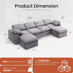 KKL 150" Modular Sectional Sofa, Cloud Sectional Couch U-Shaped with Ottoman, Corduroy Boneless Couch for Living Room Bedroom, Deep-Seat Upholstered Modular Cloud Sofa, No Assembly Required, Grey