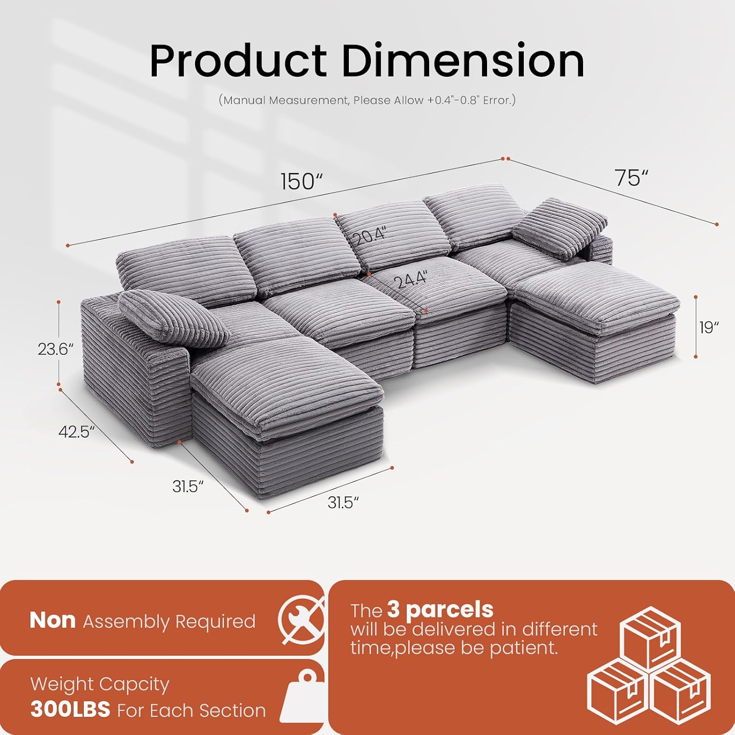 KKL 150" Modular Sectional Sofa, Cloud Sectional Couch U-Shaped with Ottoman, Corduroy Boneless Couch for Living Room Bedroom, Deep-Seat Upholstered Modular Cloud Sofa, No Assembly Required, Grey
