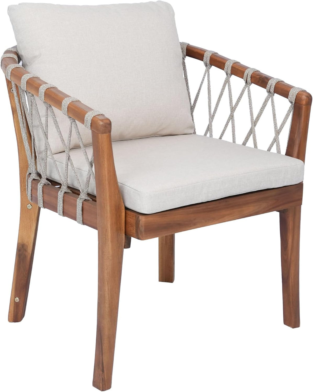 Elountik Patio Dining Chairs Set of 2, Acacia Wood Frame with Teak Finish, Multi Brown Rope Weave, Water Repellent Beige Cushion for Backyard Garden Balcony