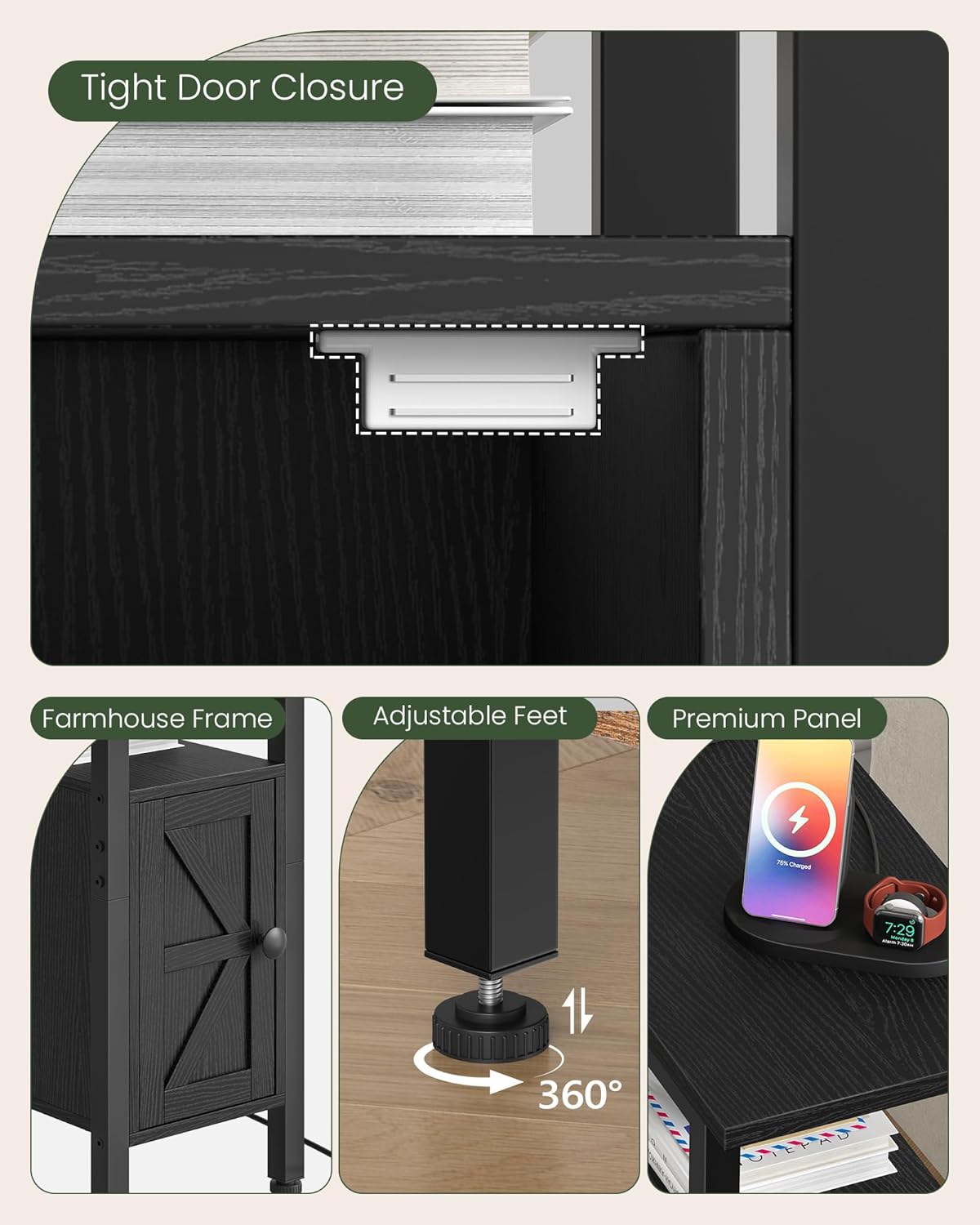 CHOEZON Farmhouse End Table, Narrow Side Table for Small Spaces, Slim Nightstand with Charging Station, with 2 AC Outlets, 1 USB and 1 Type-C Port, for Living Room, Bedroom, Black TBZ08UBB