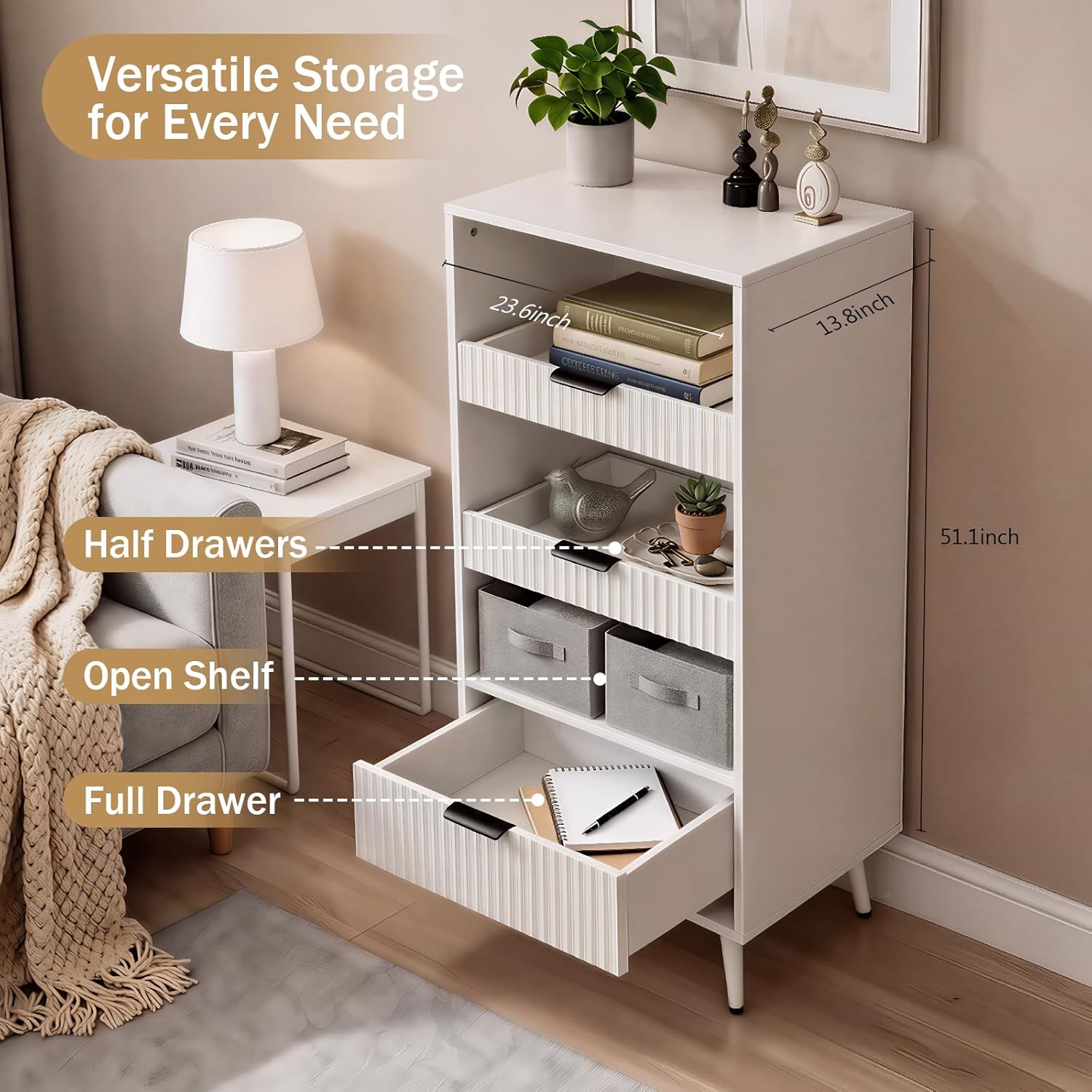 White File Storage Cabinet & 4-Tier Multifunctional Storage, 51.1”Tall Storage Cabinet, Narrow Storage Cabinet for Home Office, Bathroom, Kitchen, Pantry, Living Room, Bedroom