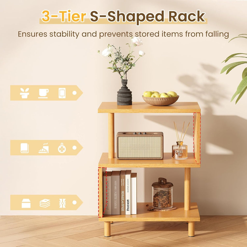 Apicizon S-Shaped Side Table, 3-Tier Nightstand with Solid Wood Legs, Slim Bedside Table with Storage Shelf, Modern End Table for Small Spaces, Bedroom, Living Room, Entryway, Natural
