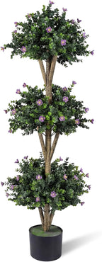 Goplus 51" Artificial Triple Ball Boxwood Topiary Tree, Faux Bush Plant with 59 Blossoms, Cement-Filled Plastic Pot, Sun-Resistant Indoor Outdoor Fake Greenery for Porch Home Decoration Housewarming