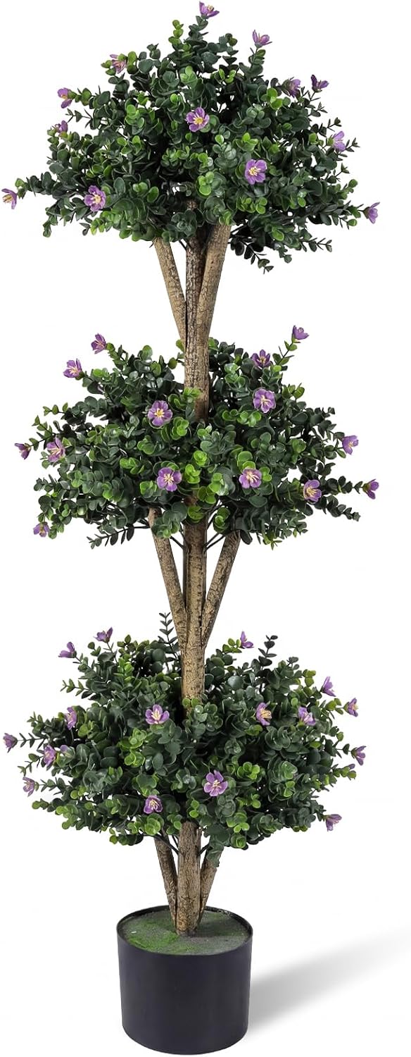 Goplus 51" Artificial Triple Ball Boxwood Topiary Tree, Faux Bush Plant with 59 Blossoms, Cement-Filled Plastic Pot, Sun-Resistant Indoor Outdoor Fake Greenery for Porch Home Decoration Housewarming