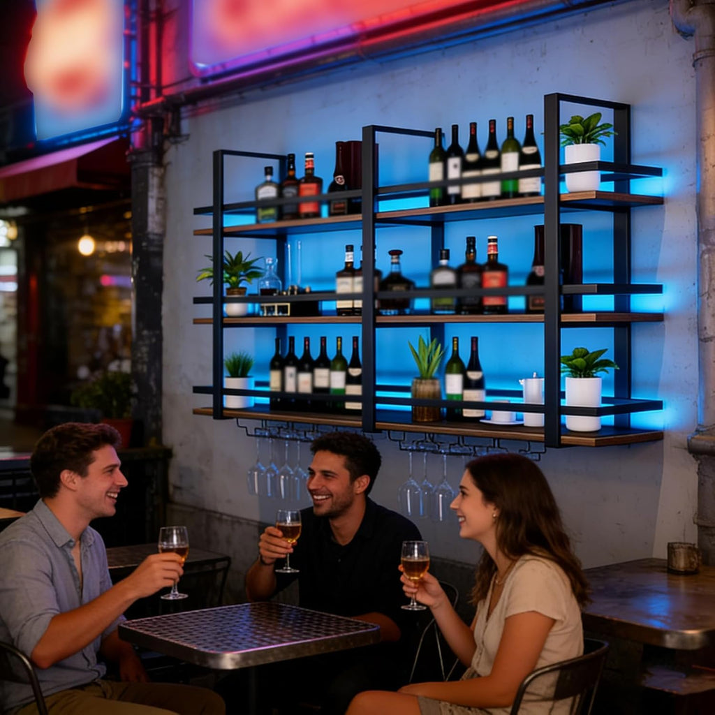 Wine Rack Wall Mounted with LED Lights, 3 Tier Metal Liquor Floating Display Shelves, with Wine Glass Rack, Iron & Wood Industrial Wall Wine Rack, for Bar, Kitchen, Cafe (Black, 63in)