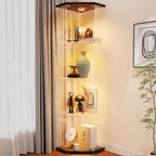 Zevemomo Corner Glass Display Cabinet with LED Lights, 4-Tier Glass Curio Case with Door & Lock for Collectibles, Liquor, Figure, Trophy, Floor Standing Glass Display Cases, Black Storage Cabinets