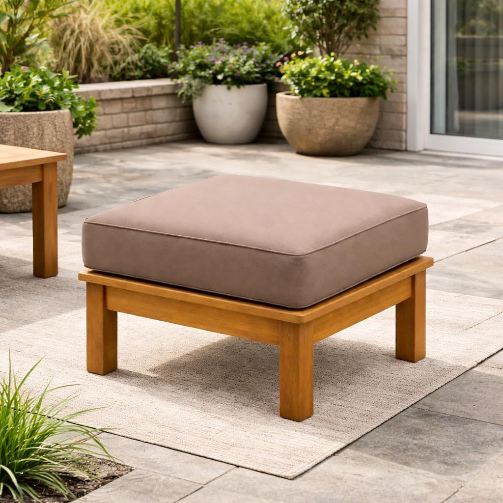 Hives & Honey Pavilion Teak Ottoman – Grade-A Teak Outdoor Footrest with Weather-Resistant Sunproof Cushion, 25.7" Square, Tan