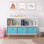 Bookcase with Collapsible Fabric Drawers, Book Display, Toy Storage Cabinet Organizer, White,Blue