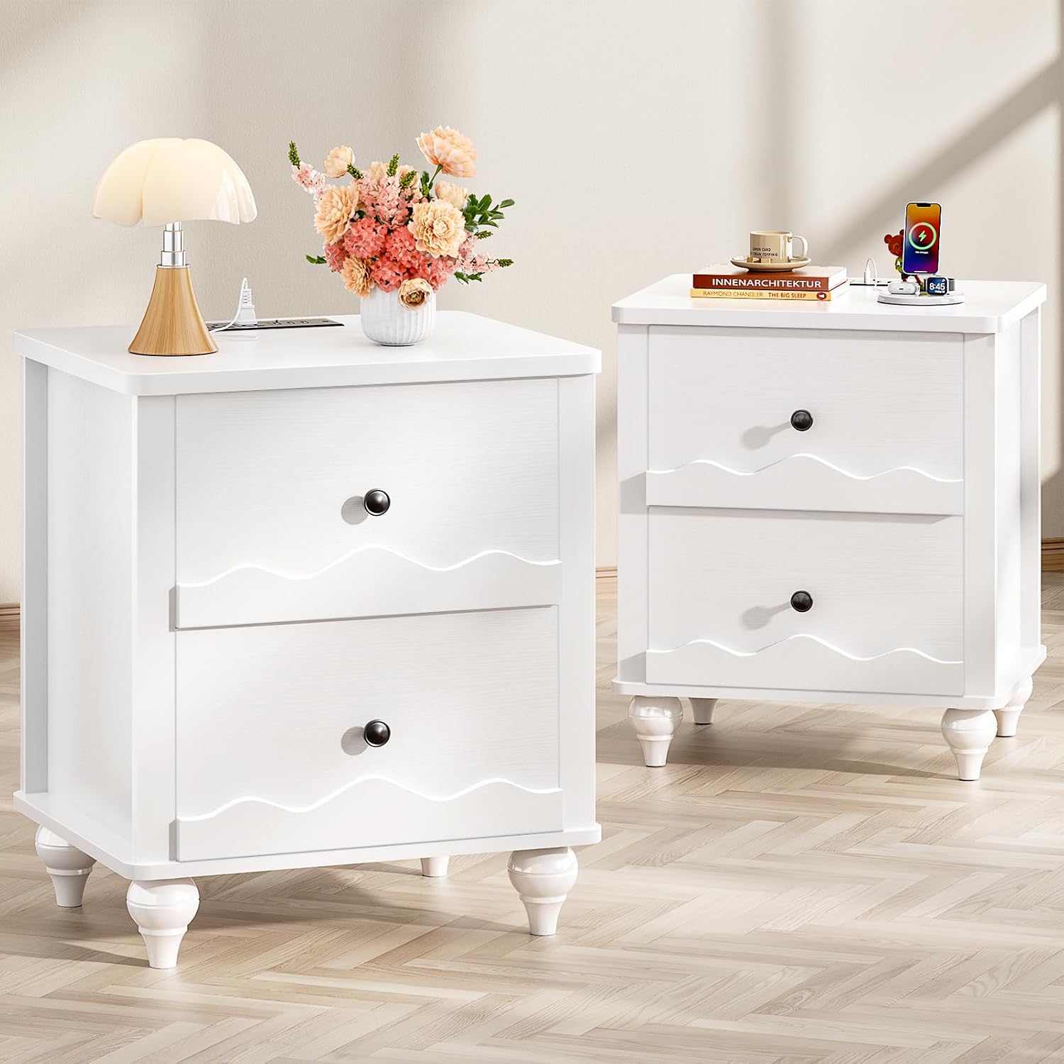 Cyclysio 2 Set End Table with Charging Station, Wood Bedside Table with 2 Drawers, Scalloped Nightstand Set of 2 with Wave Pattern, Bedside Night Tables with Solid Wood Gourd Legs