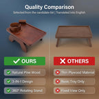 Couch Arm Tray, 3 in 1 Pine Wood Couch Armrest Table with 360 Rotating Stand and Cup Holder Non Slip Foldable Sofa Clip on Side Table for Drinks Snacks Phone Remote (Brown)