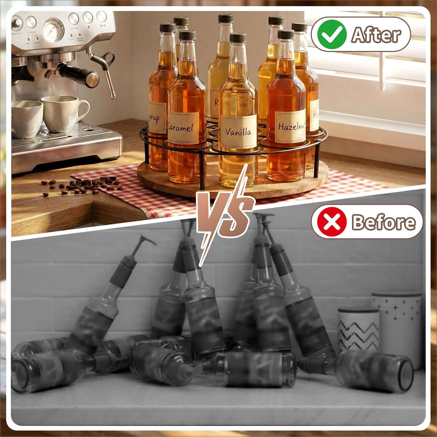 2 Pcs 9 Bottles Rotating Coffee Syrup Organizer, Large S Syrup Rack Carbon Steel Frame with Wooden Base Bottle Holder Stand for Coffee Bar Station, Turntable Wine Display Tray