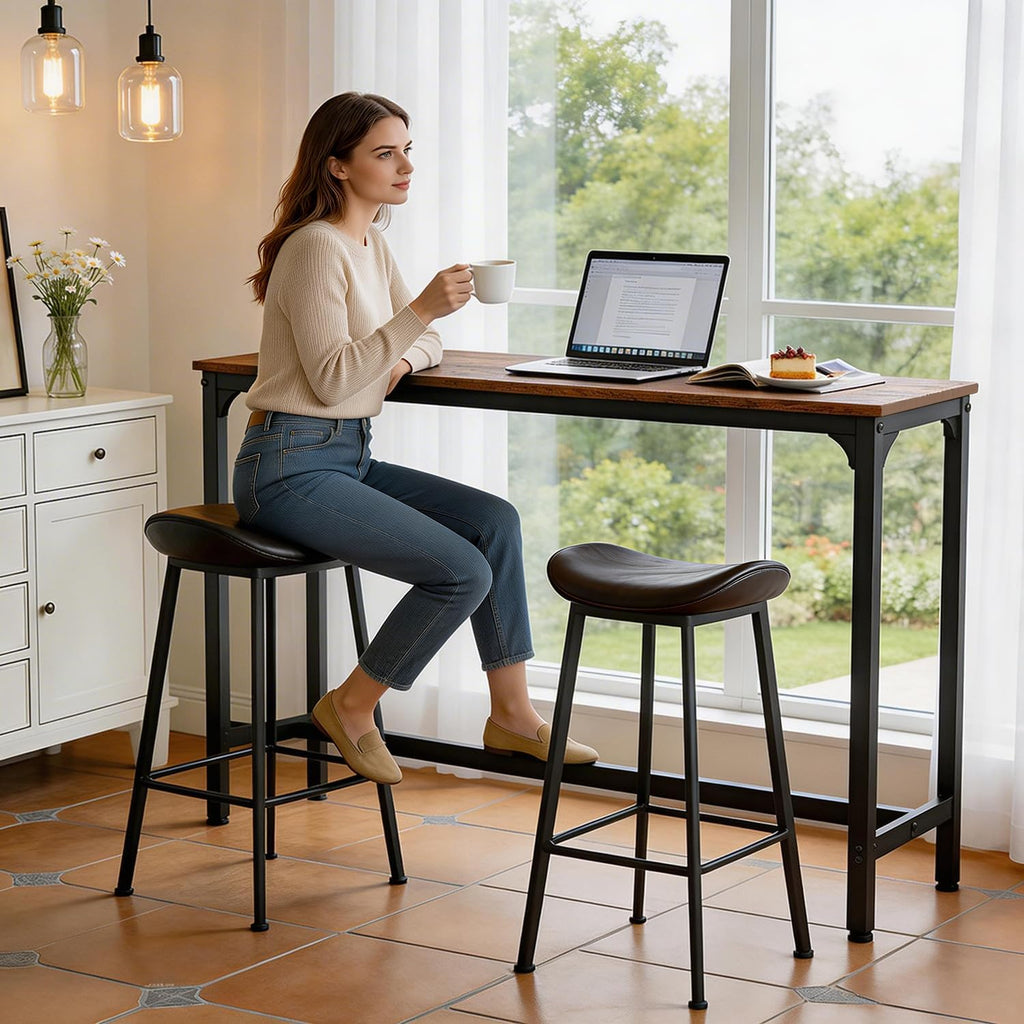 PayLessHere 55 Inch Bar Table, Counter Height Rectangular Pub Table with Wood Top & Metal Frame, Industrial High Top Table for Kitchen Dining Entryway, Brown
