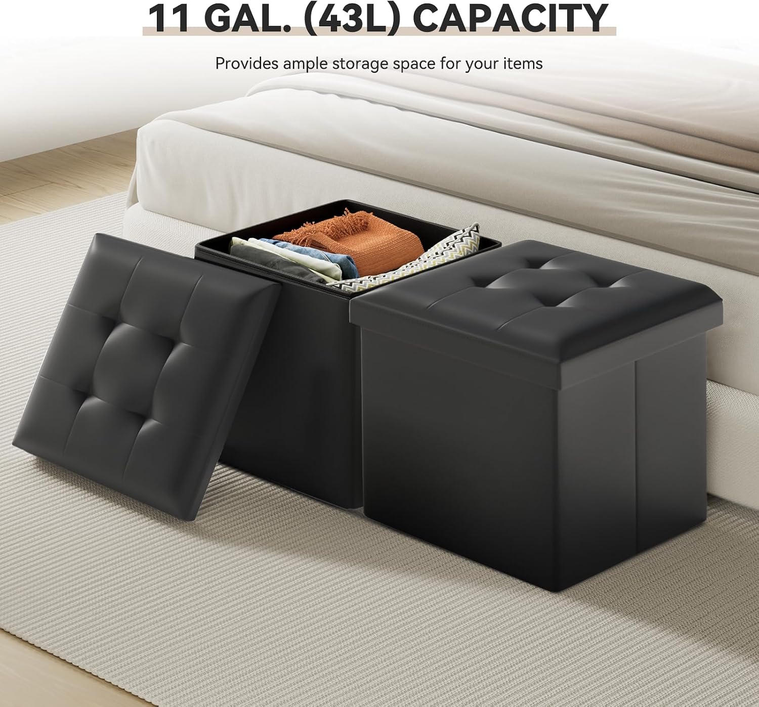 Storage Ottoman Bench, 15 Inch Ottoman Foot Rest, End of Bed Bench, Storage Chest for Living Room, Bedroom, Entryway, Black