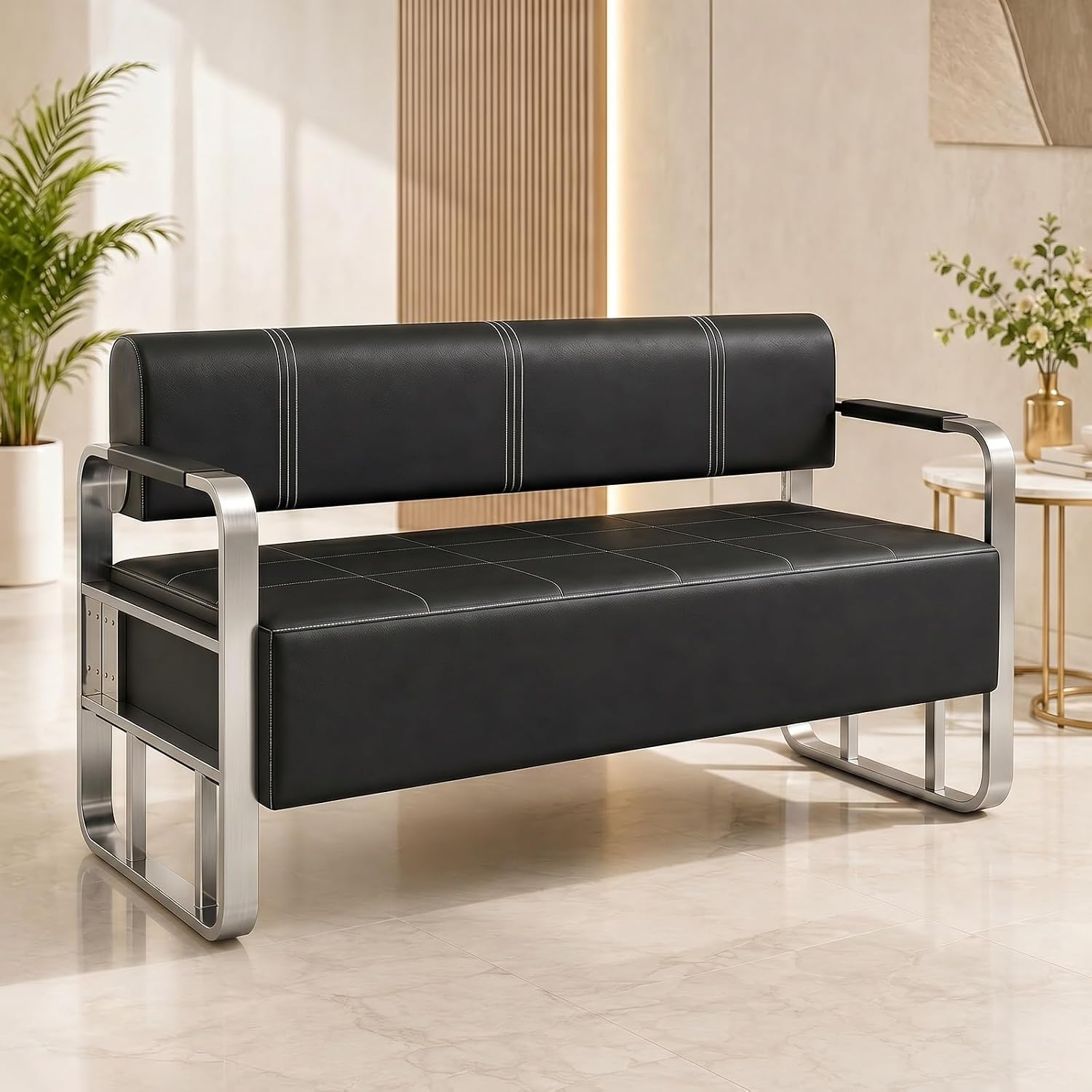 Waiting Room Bench with Backrest and Metal Armrests, Faux Leather Upholstered Reception Bench, Padded Seat for Salon, Office, Lobby, Barber Shop, Apartment(Black-Silver Frame,59.1*21.6*28.7in)