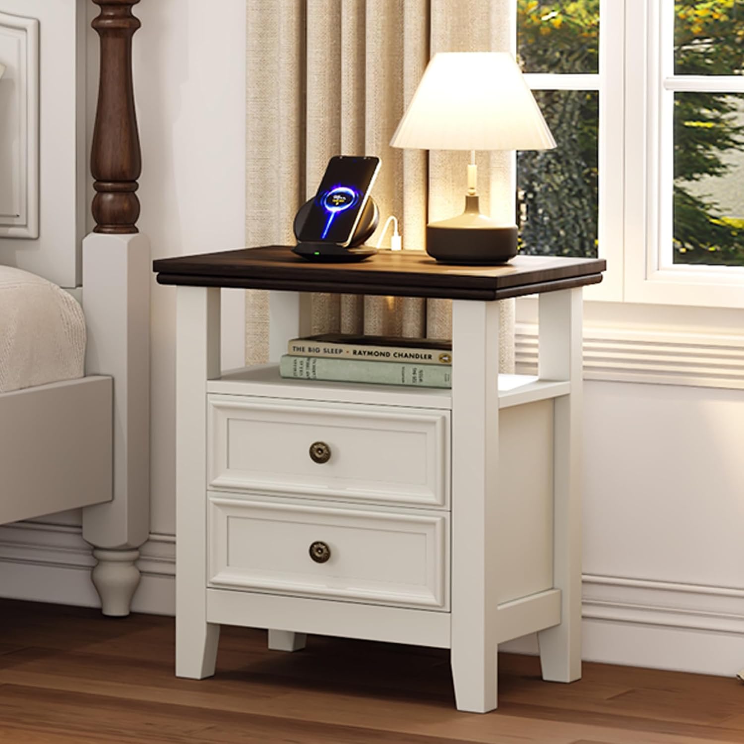 BOSHIRO Antique White Nightstand with Charge Station,Sofa End Table with 2 Drawers & Storage Shelf, Wooden Bed Side Table with USB Ports & Outlets for Bedroom,Home Office