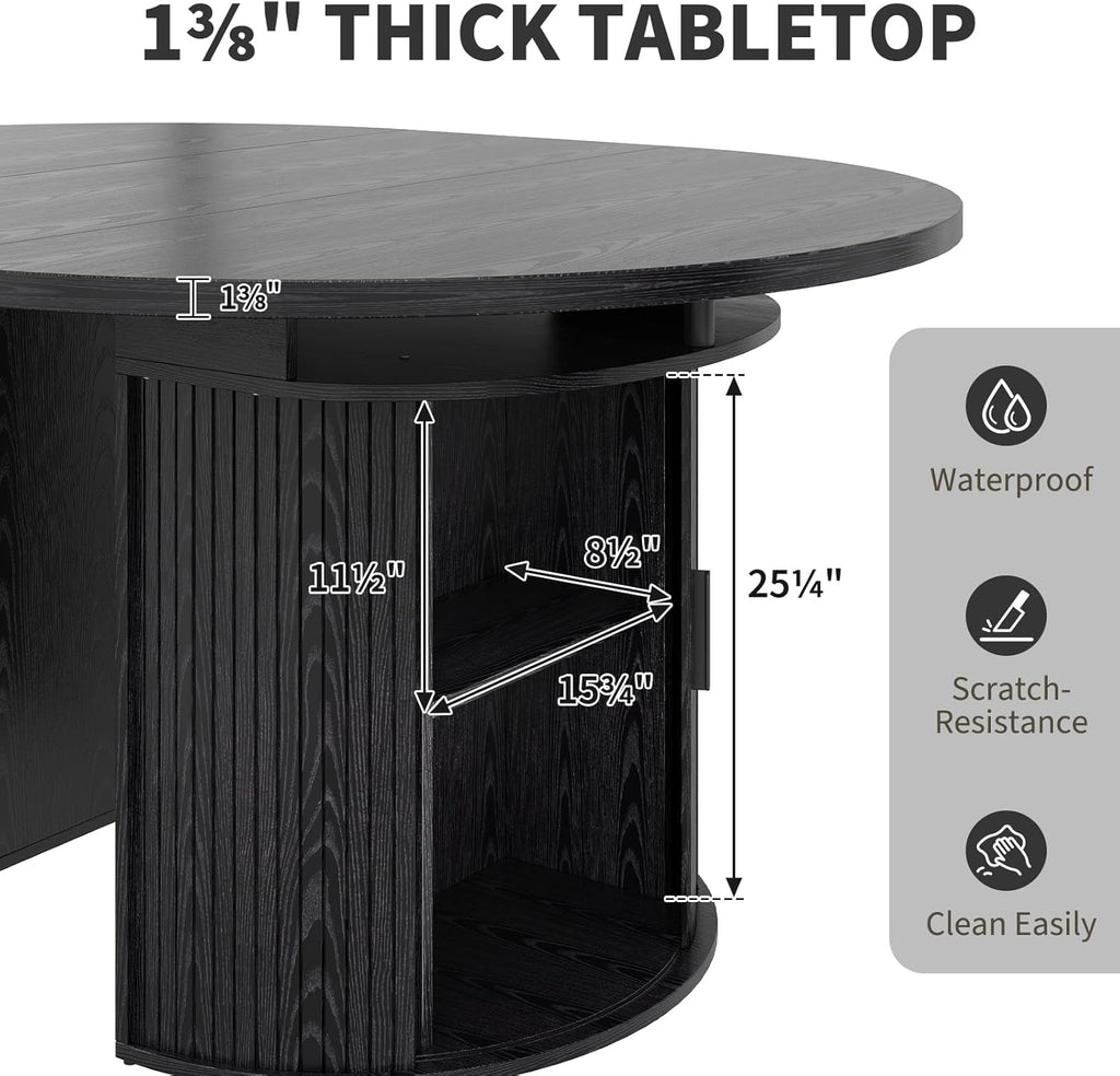 Garvee Extendable Round Dining Table with 2-Tier Storage Shelf & Drawer, 47.5 to 63 Inch Expandable Kitchen Table for 4-8 PM, Modern Farmhouse Fluted Pedestal Oval Circle Dinner Table, Black