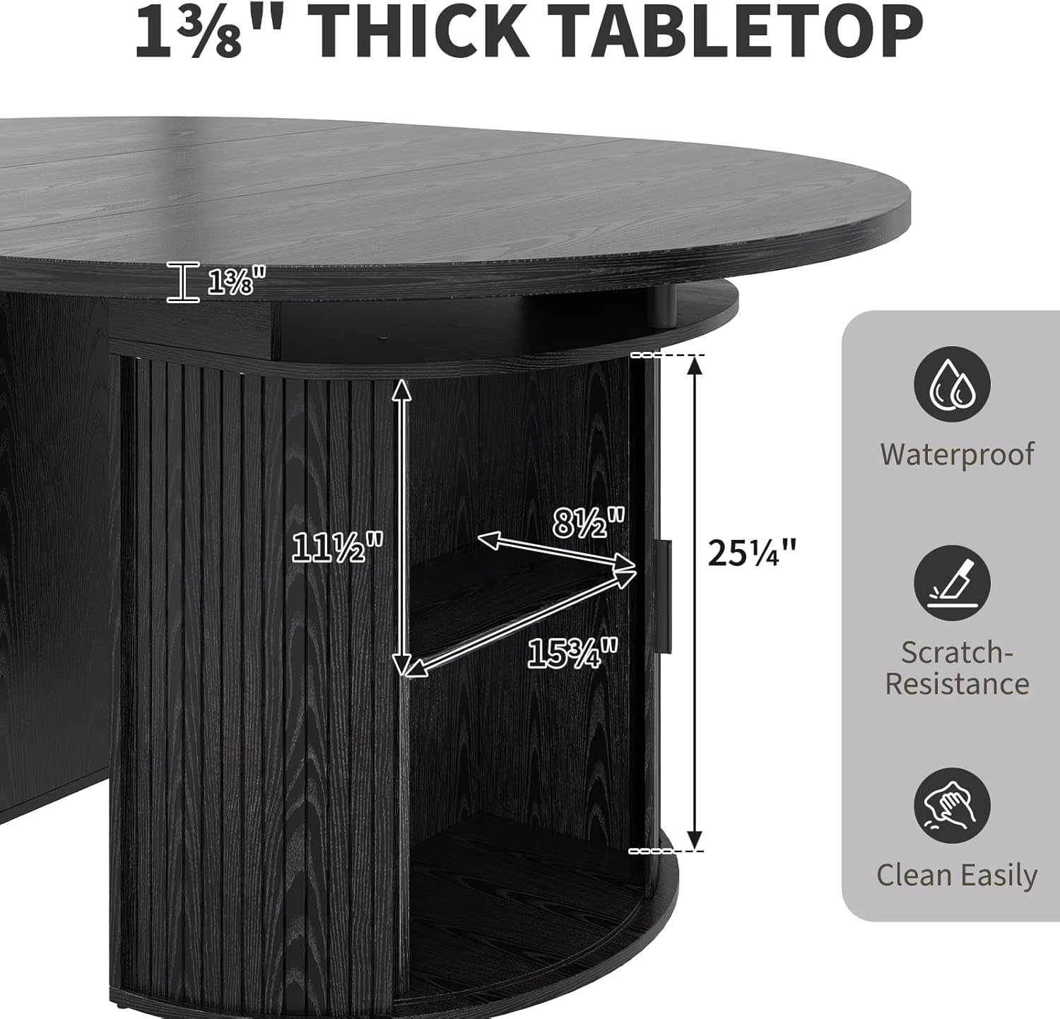 Garvee Extendable Round Dining Table with 2-Tier Storage Shelf & Drawer, 47.5 to 63 Inch Expandable Kitchen Table for 4-8 PM, Modern Farmhouse Fluted Pedestal Oval Circle Dinner Table, Black