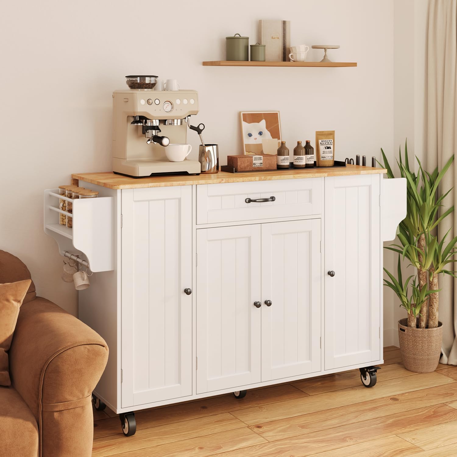 Ahomly Kitchen Island with Storage, 47.6" Rolling Kitchen Island on Wheels with Drop Leaf, Door Cabinet, Drawer, Spice Rack, Towel Rack and Knife Holder, Kitchen Cart Island Table for Kitchen, White