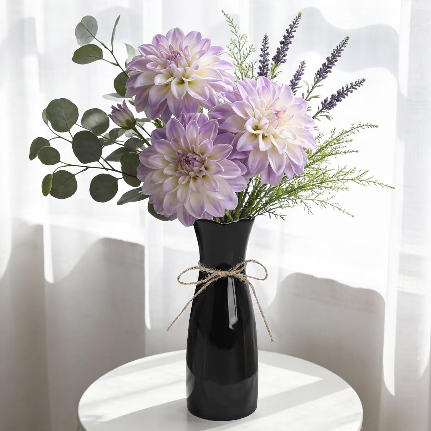 Small Vase Black Ceramic Jute Rope Simple Vases for Home Decor Minimalist Modern Flower Vase Elegant Decorative Glossy Vase for Pampas Grass, Office, Living Room, Mantel and Bedroom Décor