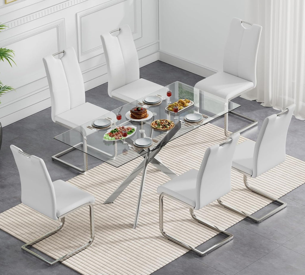 7 Piece Glass Dining Table Set, Glass Kitchen Dining Room Table Set for 6, 61" Modern Rectangular Silver Glass Metal Dining Table with 6 White PU Leather Dining Chairs for Kitchen Dining Room
