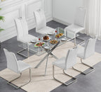 7 Piece Glass Dining Table Set, Glass Kitchen Dining Room Table Set for 6, 61" Modern Rectangular Silver Glass Metal Dining Table with 6 White PU Leather Dining Chairs for Kitchen Dining Room