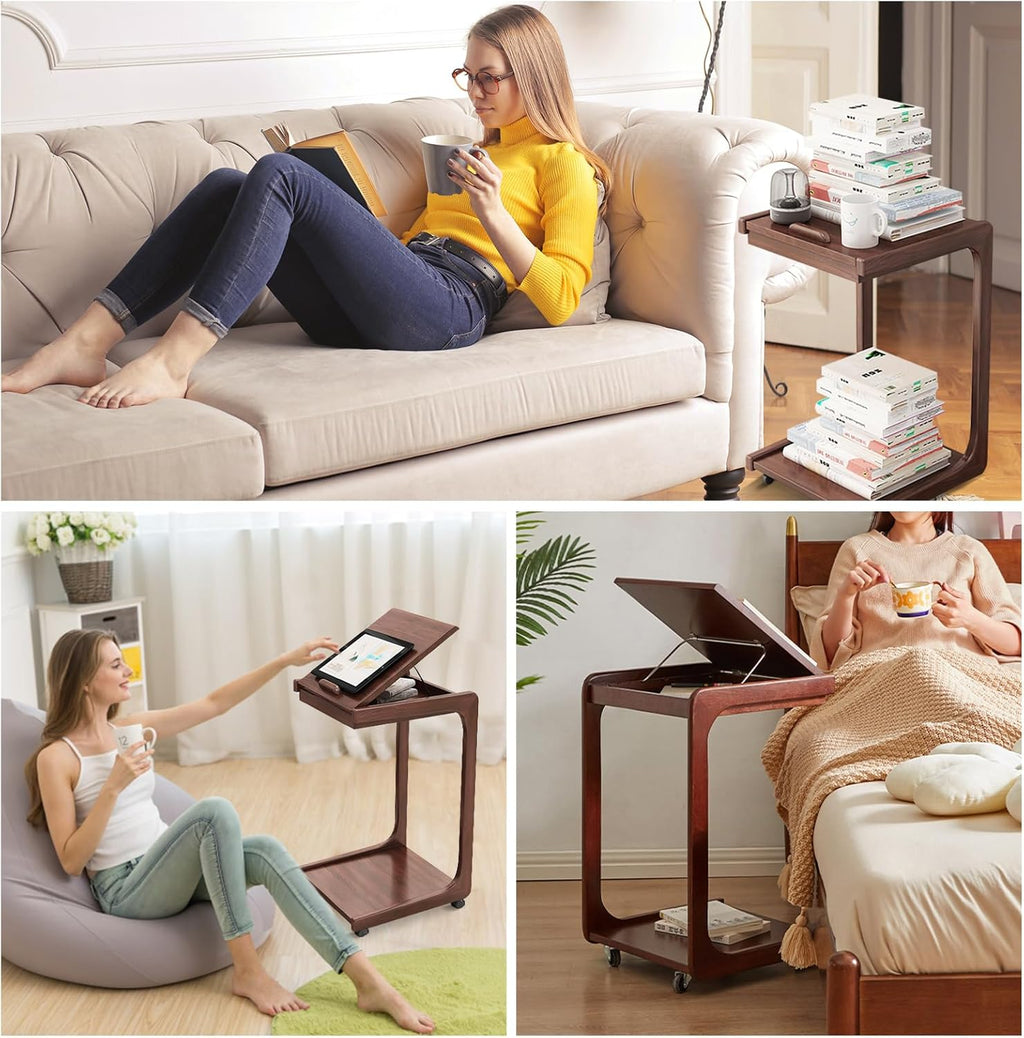 Wooden C-Shaped End Table,Couch Table with 360° Lockable Caster,Small Rolling Side Table with Adjustable Desktop for Living Room,Small Side Tables for Eating Writing Reading Bedroom