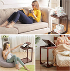Wooden C-Shaped End Table,Couch Table with 360° Lockable Caster,Small Rolling Side Table with Adjustable Desktop for Living Room,Small Side Tables for Eating Writing Reading Bedroom