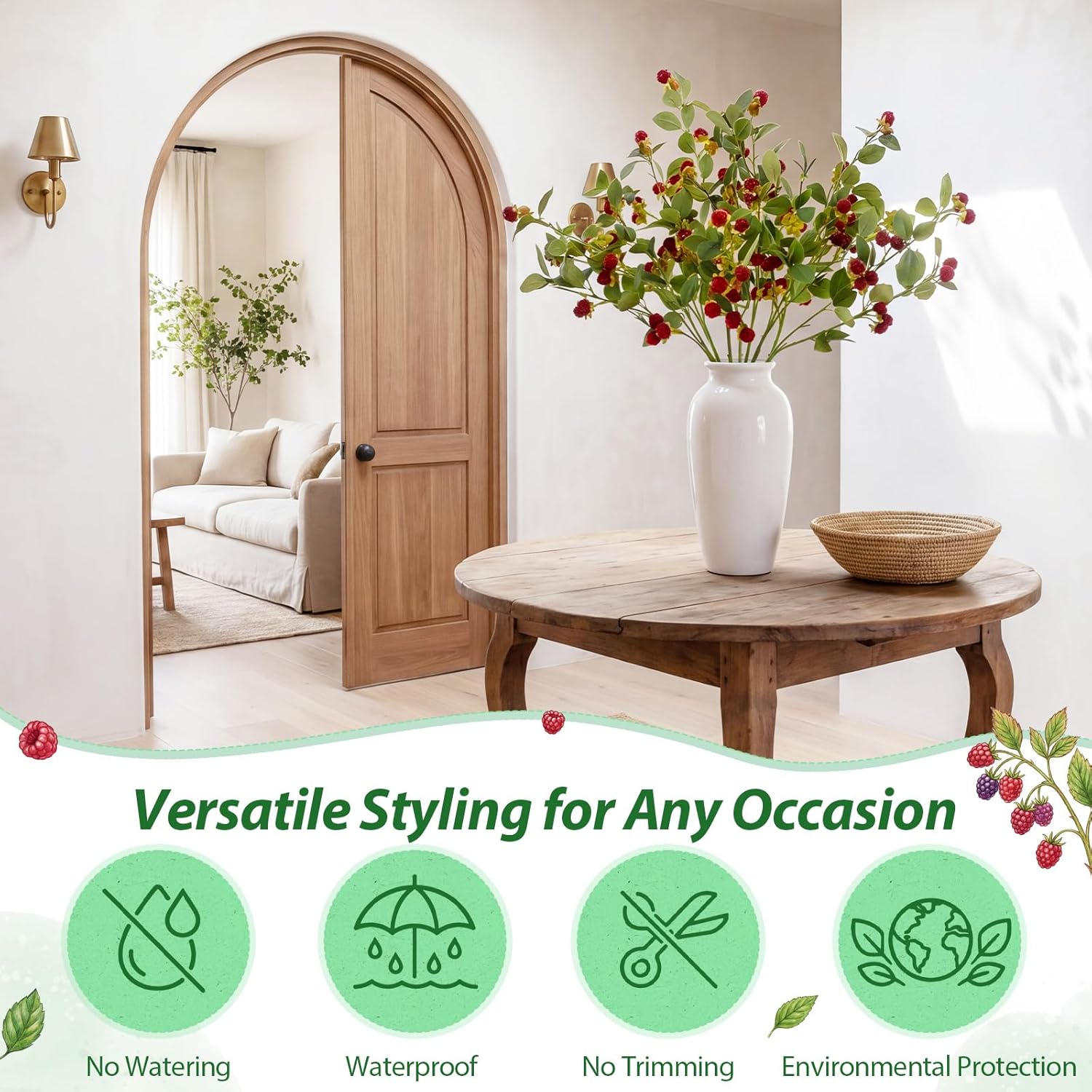 6 Pcs Artificial Red Berry Stems Branches, 26 in Faux Raspberry Stem Realistic Long Stems Flowers Bouquet Spray Picks for Fall Tall Vase Indoor Home Table Wedding Party Decor