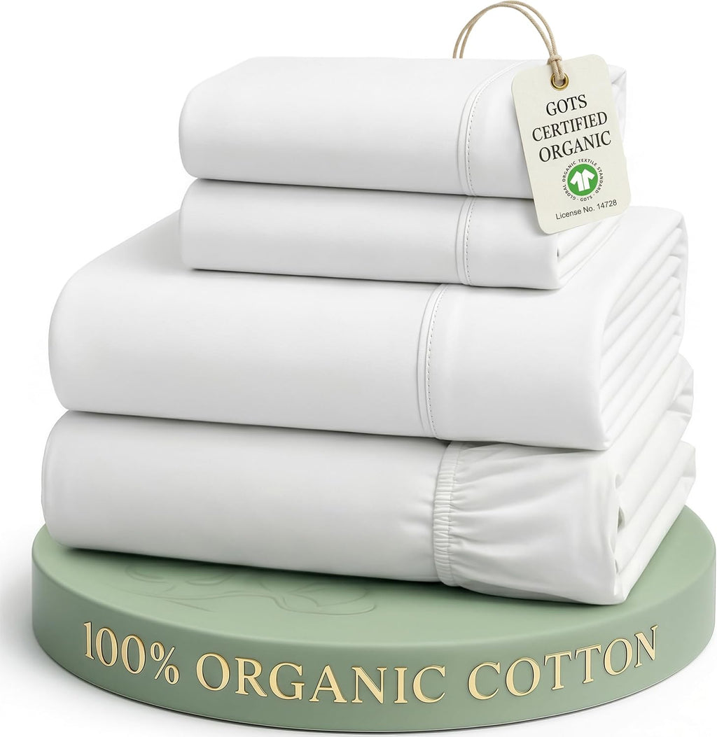 LANE LINEN Queen Sheets 100% Organic Cotton GOTS Certified Percale Weave Deep Pocket 4 Piece Soft Breathable Cooling Lightweight All Season Machine Washable Crisp - White