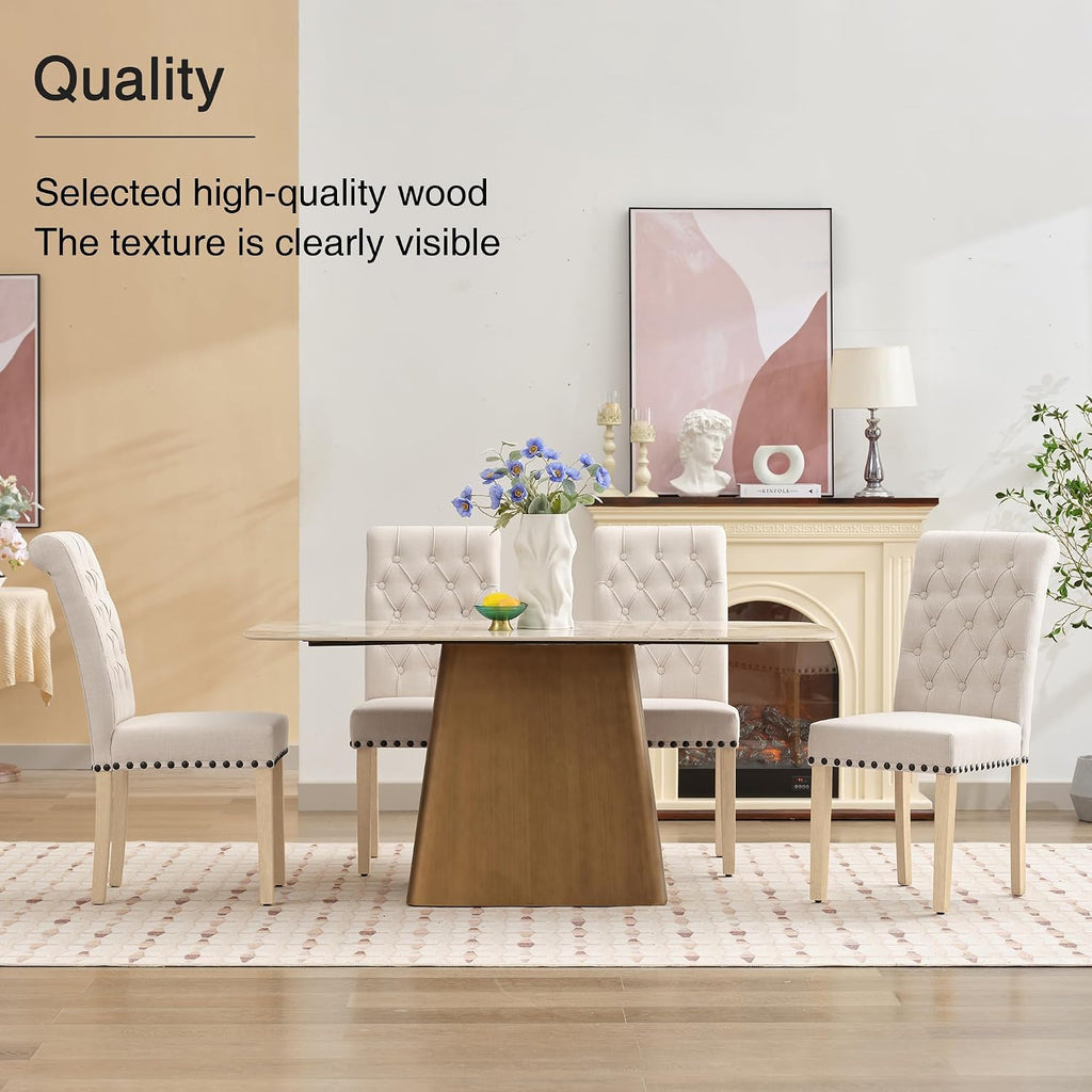 adochr Linen Fabric Dining Chairs Set of 2, Upholstered Dining Room Chair with Wooden Legs, Armless Parsons Chairs for Kitchen/Dining Room/Living Room, Beige