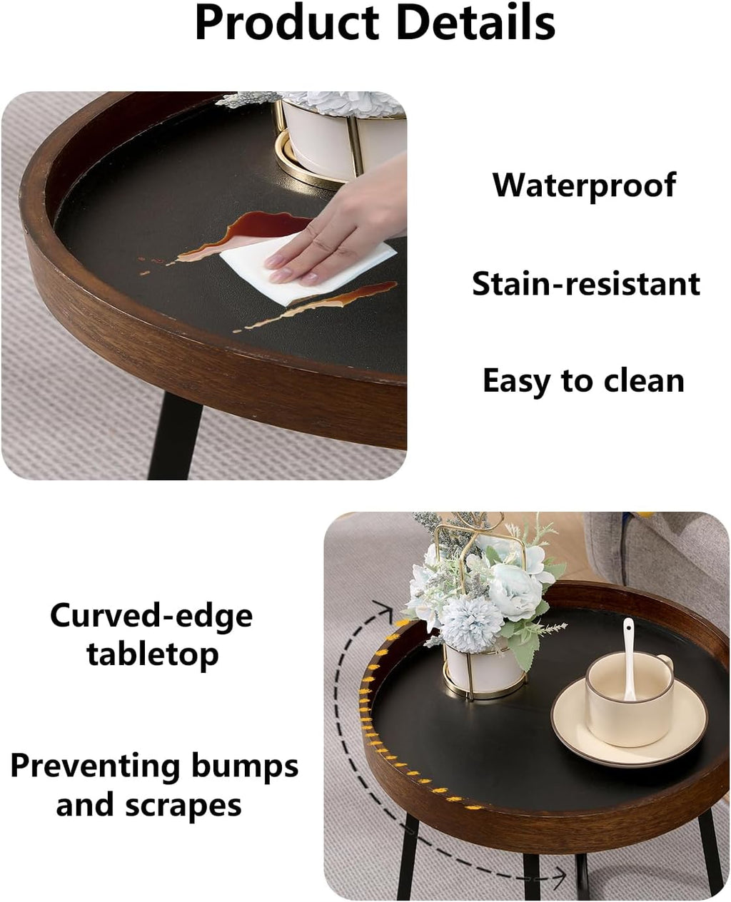 Side Table, a Small Round Side Table with Metal Legs. Suitable for use as a Coffee Table in the Living Room or as a Night Stand in the Bedroom.