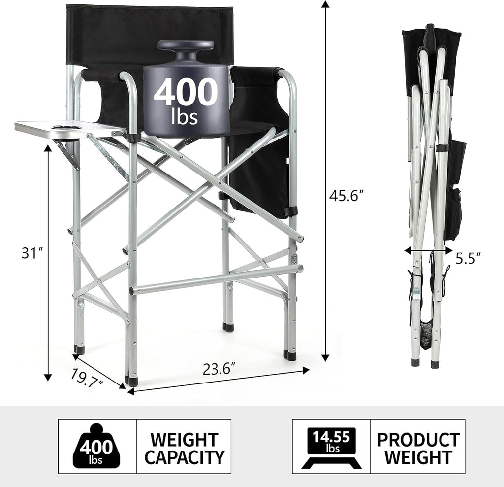 Makeup Chair for Makeup Artist 45.6'', Tall Directors Chairs Foldable for Clients with Side Table Cup Holder Storage Bag and Footrest, Folding Chair 400lbs Capacity Black