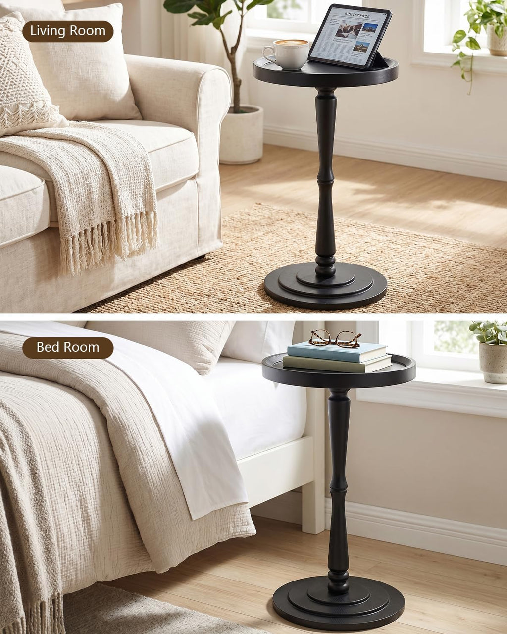 Small Round Side Table, Drink Table, Coffee Martini Table for Small Spaces Modern Accent End Table Nightstand with Solid Wood Leg for Living Room, Bedroom, Corners and Office (Black)
