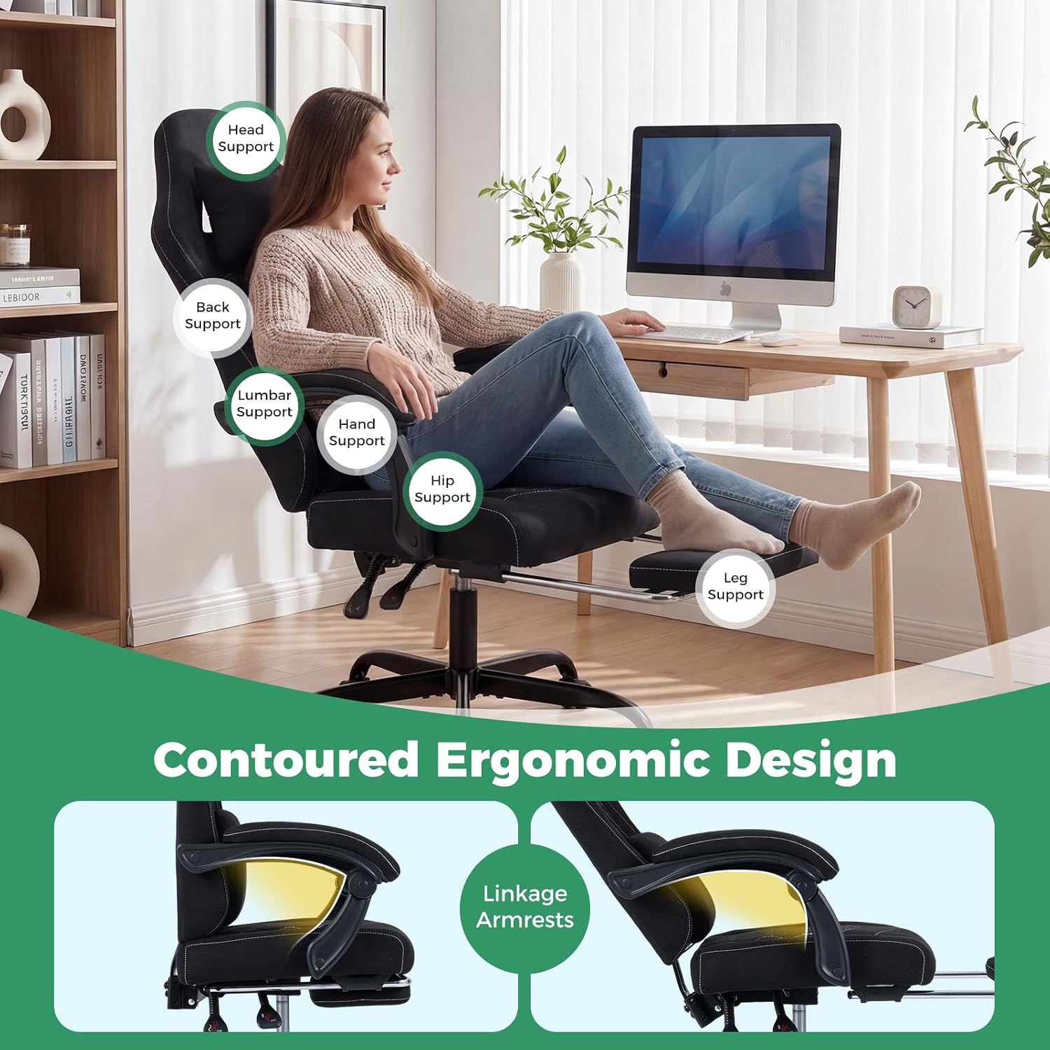 Goplus Gaming Chair, Ergonomic Office Chair with Foot Rest, Lumbar Support, Linkage Armrests, Detachable Headrest, 360°Swivel Computer Chair w/Adjustable Backrest & Height, 330 lbs Capacity (Black)