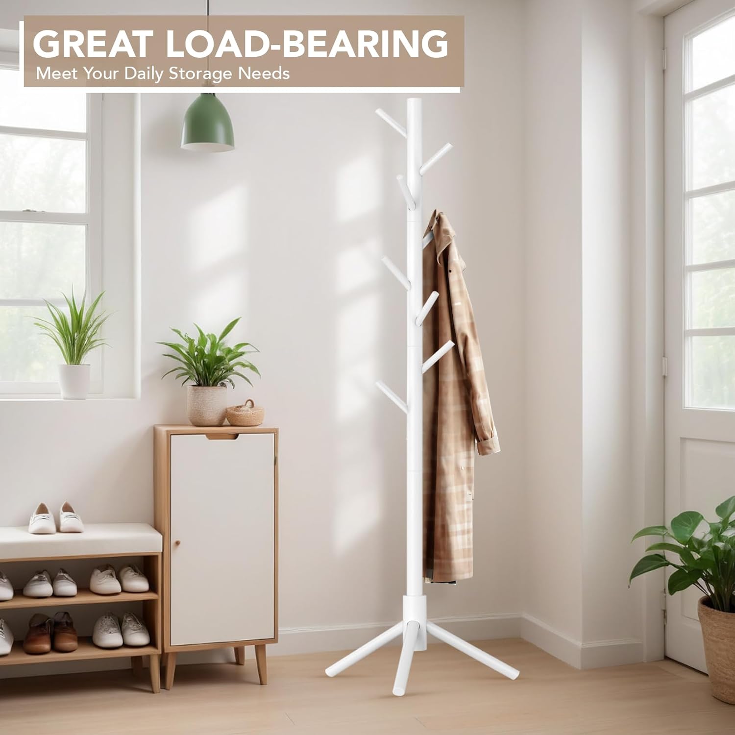 Hupmad Wooden Tree Coat Rack Stand,Sturdy Freestanding Coat Rack with 8 Hooks,3 Adjustable Height for Child Adult,Wood Coat Stand Tree Fits Entryway Bedroom Office for Bags,Hats, 2 Pack