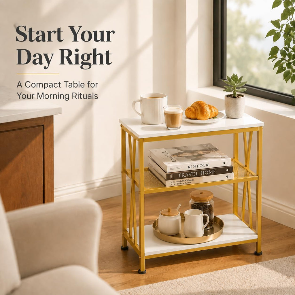Narrow Side Table, End Table with 3 Tier Storage Shelves, Industrial Rustic Accent Skiny End Tables for Small Spaces, Slim Couch Beside Table, Small Hallway Table for Living Room (White+Gold)