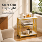 Narrow Side Table, End Table with 3 Tier Storage Shelves, Industrial Rustic Accent Skiny End Tables for Small Spaces, Slim Couch Beside Table, Small Hallway Table for Living Room (White+Gold)