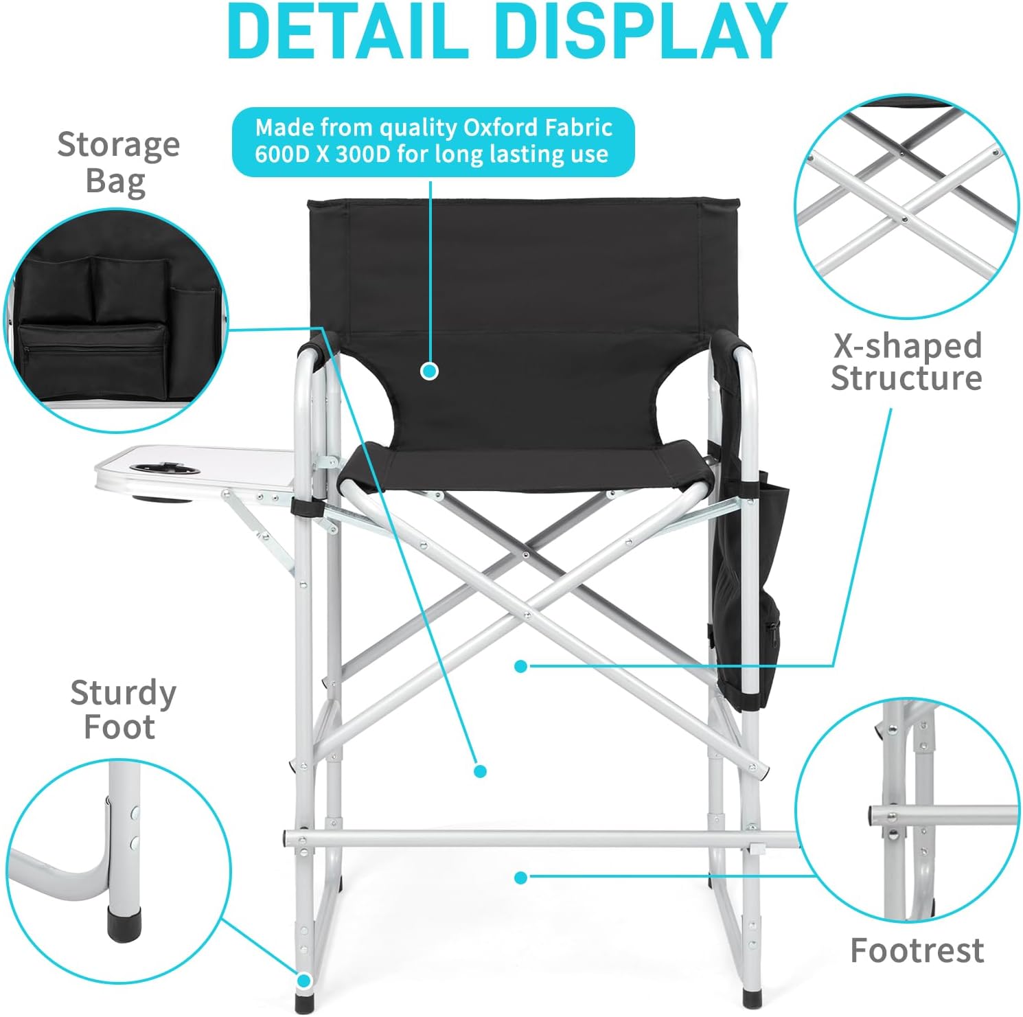 Outvita 26" Tall Directors Chair Height Seat Folding with Side Table Storage Bag, Support for 300Lbs Portable Makeup Artist Chair with Bar Height(Black)