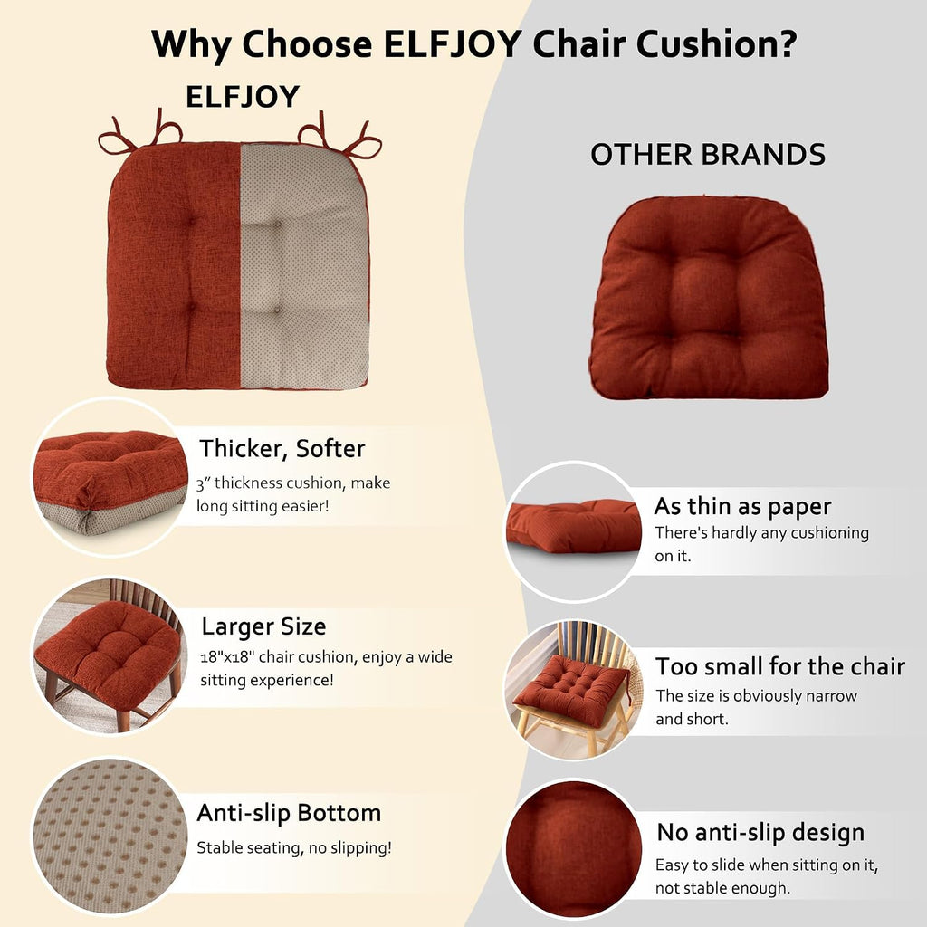 ELFJOY Chair Cushions for Dining Chairs 18" x 18" x 3" Kitchen Chair Cushions Set of 4 Tufted Chair Pads with Ties and Non-Slip Backing Comfortable Seat Cushion for Indoor Dining Room (Rust)