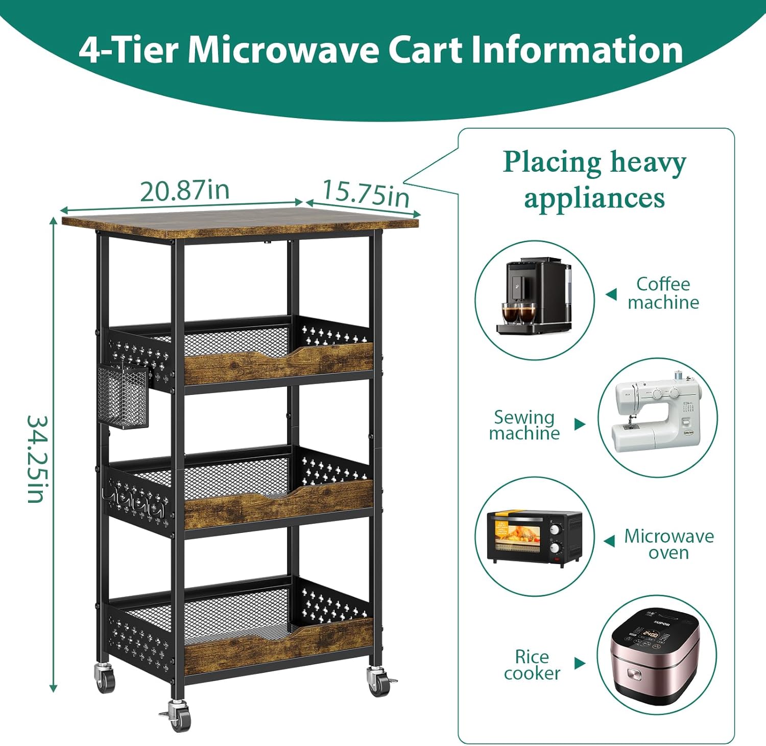 XYZLVSI Rolling Kitchen Microwave Cart, 4 Tier Microwave Table Stand with Fruit Baskets, Kitchen Storage Rack on Wheels, Small Coffee Bar Station Shelf Organizer for Pantry, Living Room Office