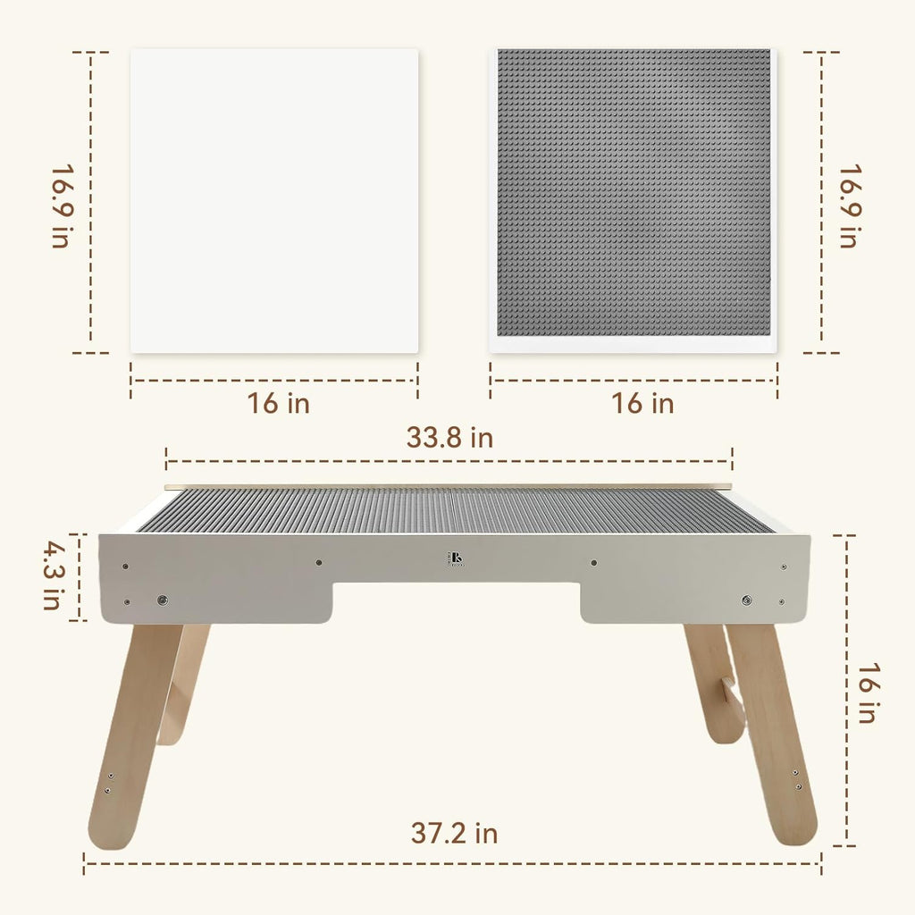 Youuys 3 in 1 Wooden Kids Activity Table & Building Board Compatible with Building Block,Storage Play Table Reversible Top Legs Fold for Easy Under Bed Storage （No Chairs）