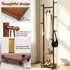 Solid Wood Coat Rack with Wheels - 2-Tier Freestanding Clothing Rack with 5 Hooks & Storage Shelves, Heavy Duty Rolling Clothes Stand for Entryway, Bedroom, Corner