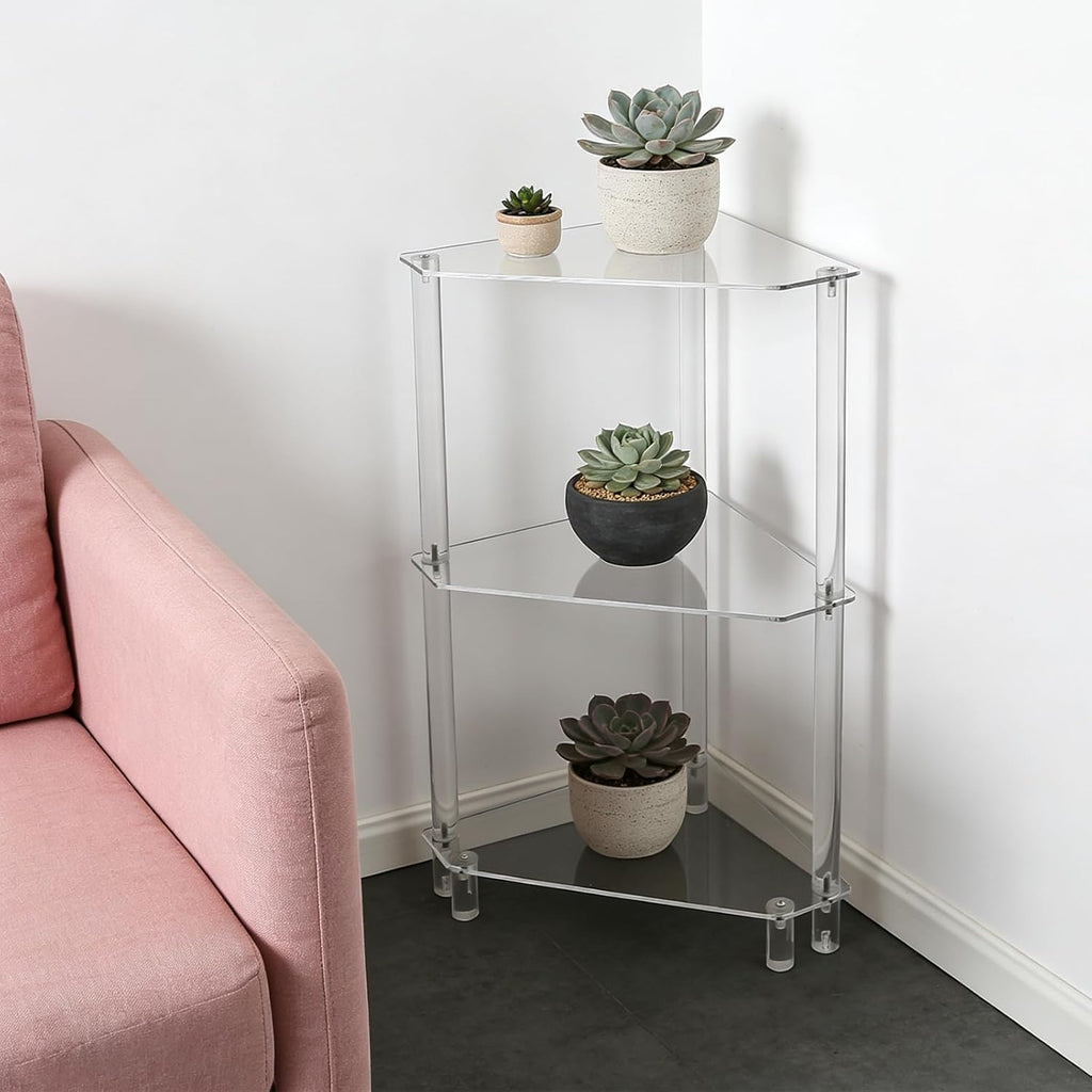 DYNAMI Clear Acrylic Side Table,3 Tier Triangle End Table Small Corner Accent Table for Small Spaces,Modern Corner Shelf for Living Room Bathroom Bedroom,Load Capacity 22lbs (White)