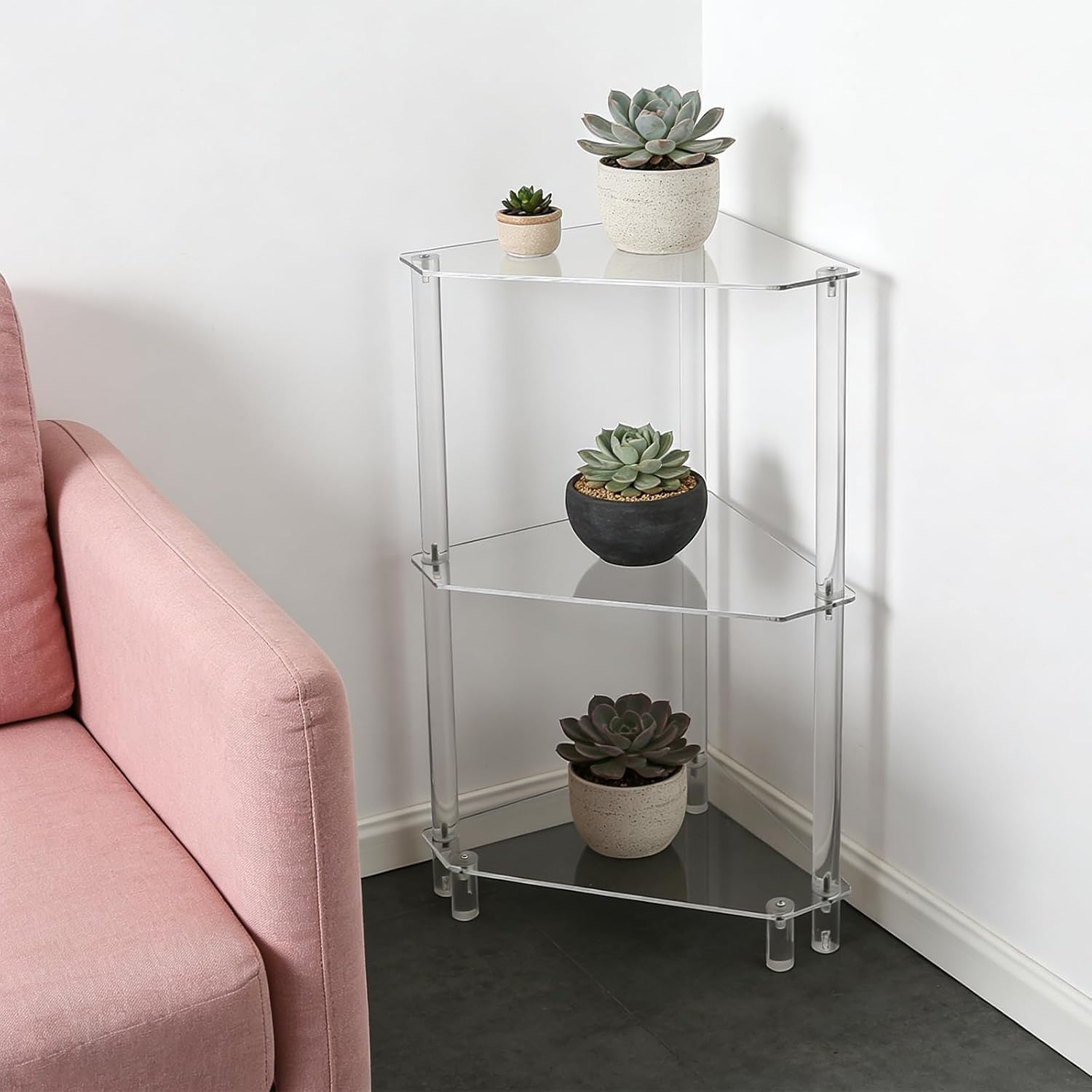 DYNAMI Clear Acrylic Side Table,3 Tier Triangle End Table Small Corner Accent Table for Small Spaces,Modern Corner Shelf for Living Room Bathroom Bedroom,Load Capacity 22lbs (White)