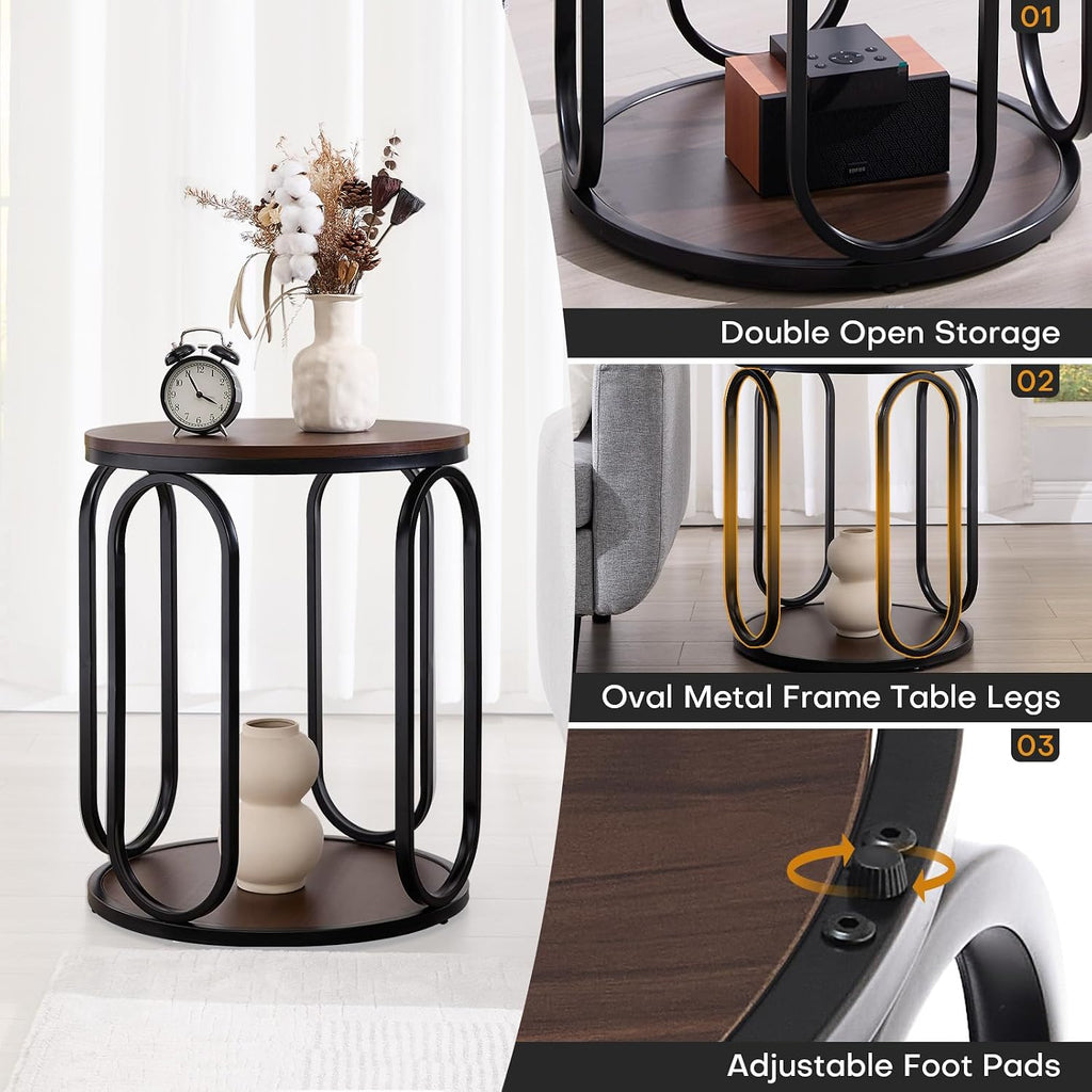 BECHAEO Small Side Table 19.7", 2-Tier Round Bedside Table with Storage, Wood Industrial Design End Tables for Living Room, Bedroom, Office, Bathroom, Dark Coffee