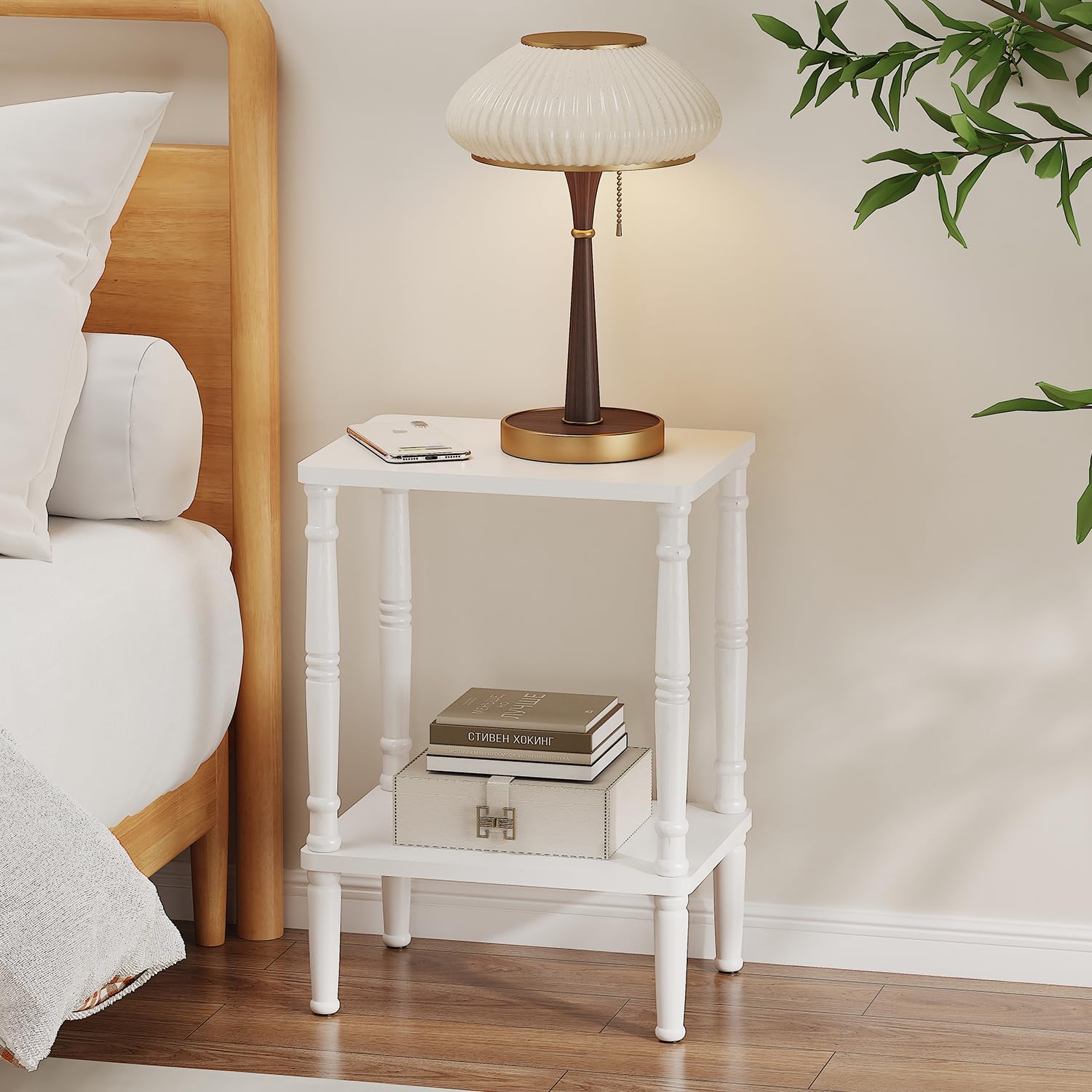 LUCKNOCK Small Side Table for Small Spaces, Vintage End Table, Narrow Couch Side Table with Storage, Skinny Nightstand Bedside Table for Bedroom, Living Room, Farmhouse, No-Tool Assembly. (White)