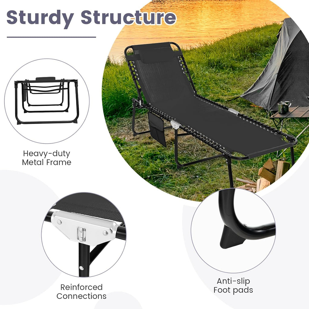 Tangkula Beach Lounge Chair for Outside, Folding Chaise Lounge Outdoor with 4-Position Backrest, Removable Headrest and Side Pocket, Portable Sunbathing Tanning Chair for Patio, Poolside (1, Black)
